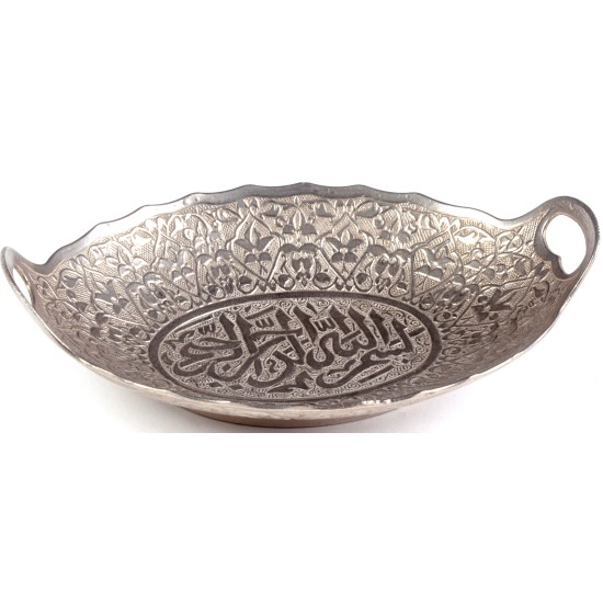 SILVER-LOOKING SPECIAL PATTERNED, HANDLE, FOOTED, EDGED, OVAL HAND-CRAFTED CANDY 